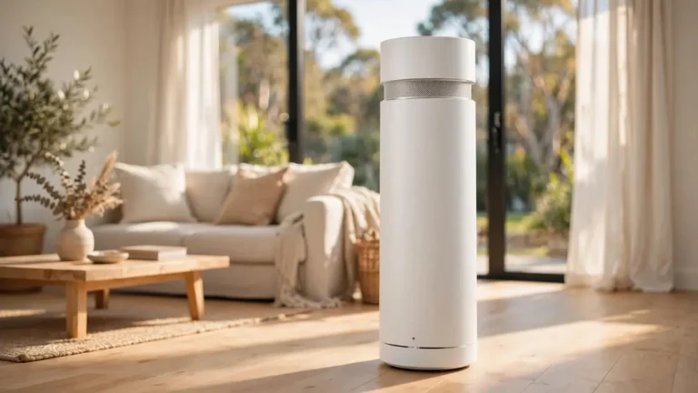 White tower air purifier in a bright modern Australian living room with sunlight through windows