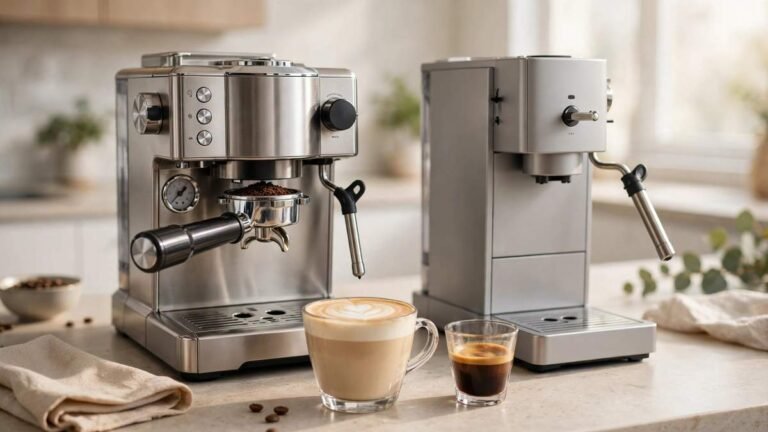Bambino Plus vs Dedica Arte espresso machines side by side on a kitchen bench