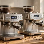 Breville Barista Express and Sunbeam Barista Plus espresso machines side by side on a kitchen bench