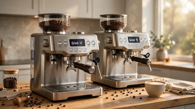 Breville Barista Express and Sunbeam Barista Plus espresso machines side by side on a kitchen bench