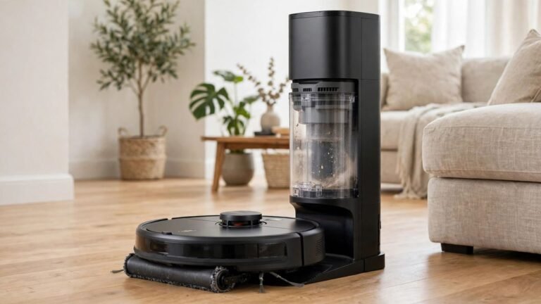 Ecovacs Deebot X11 OmniCyclone robot vacuum beside its bagless OmniCyclone station on a timber floor in a modern Australian living room