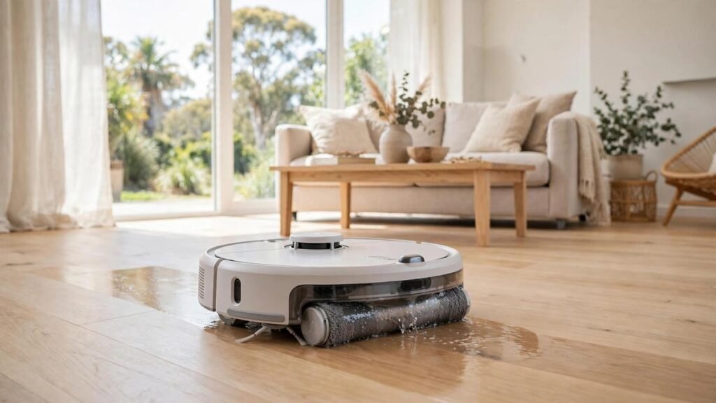 Dyson Spot+Scrub Ai robot vacuum and mop cleaning a hard floor in a modern Australian living room