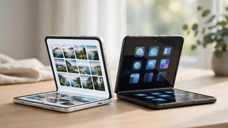 Two book-style foldable smartphones half-open like small laptops side by side on a desk, one silver-white and one dark graphite, with glowing folding displays