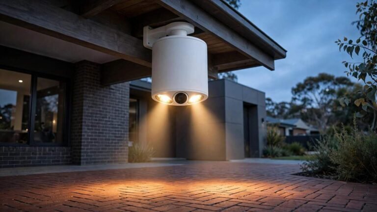 White Ring Spotlight Cam 2K (2nd Gen) security camera with glowing spotlights mounted under house eaves at dusk above a brick driveway