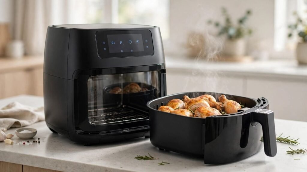 Black Philips 5000 Series 7.2L steam airfryer with its basket open showing golden roasted chicken with steam rising on a bright kitchen bench