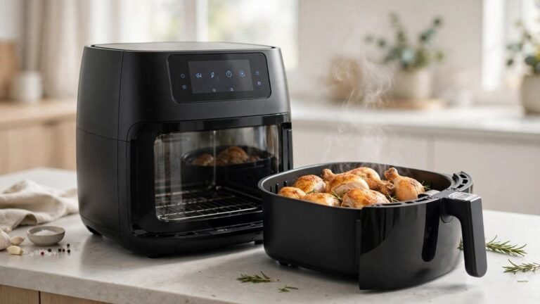Black Philips 5000 Series 7.2L steam airfryer with its basket open showing golden roasted chicken with steam rising on a bright kitchen bench