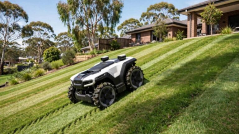 White and black Mammotion LUBA 3 AWD all-wheel drive robot lawn mower with rugged tyres climbing a steep grassy suburban Australian backyard slope