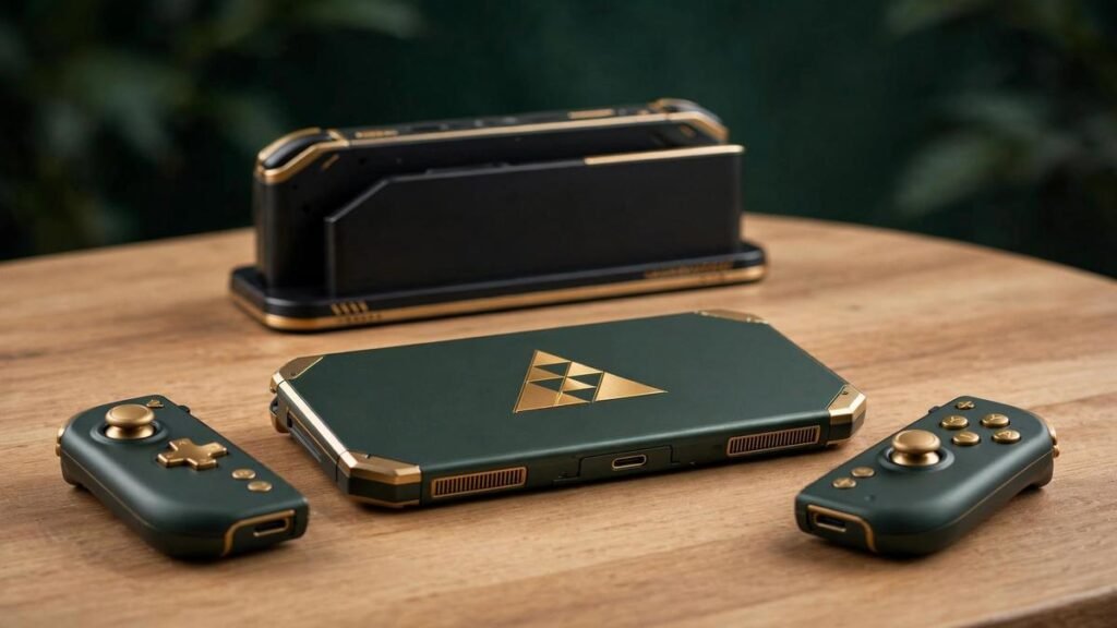 Special edition handheld gaming console with green and gold controllers and a gold Triforce-style motif on the back, beside a black and gold dock, on a clean wooden table