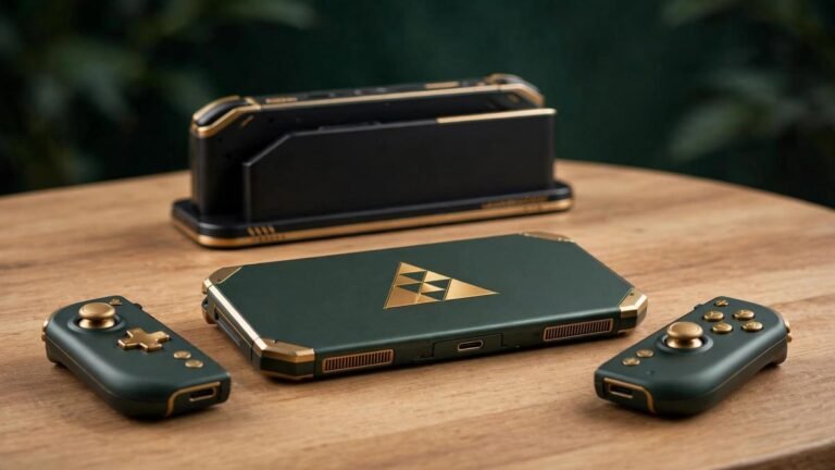 Special edition handheld gaming console with green and gold controllers and a gold Triforce-style motif on the back, beside a black and gold dock, on a clean wooden table