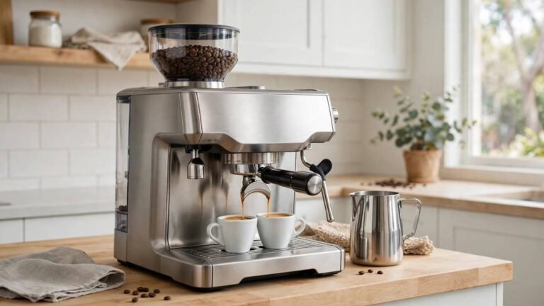 Brushed stainless steel espresso machine with bean hopper on top extracting espresso into two white cups with a steel milk jug beside it on a bright kitchen bench