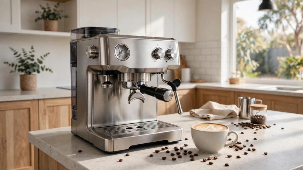 Ninja Luxe Café Premier stainless steel espresso machine on a kitchen bench with a flat white, coffee beans and milk jug