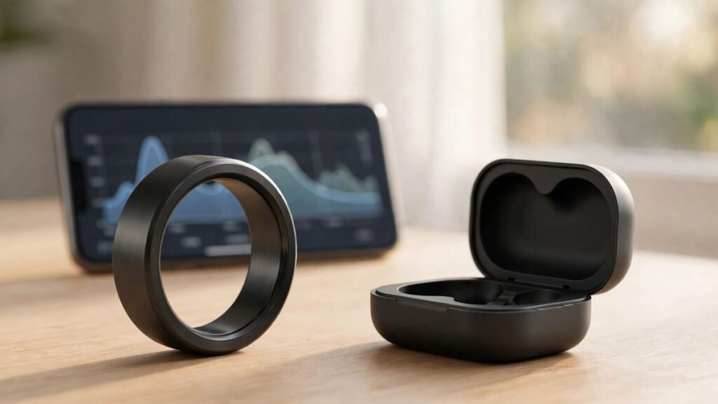 Black titanium Samsung Galaxy Ring standing upright on a wooden desk beside its open charging case with a smartphone showing sleep tracking in the background