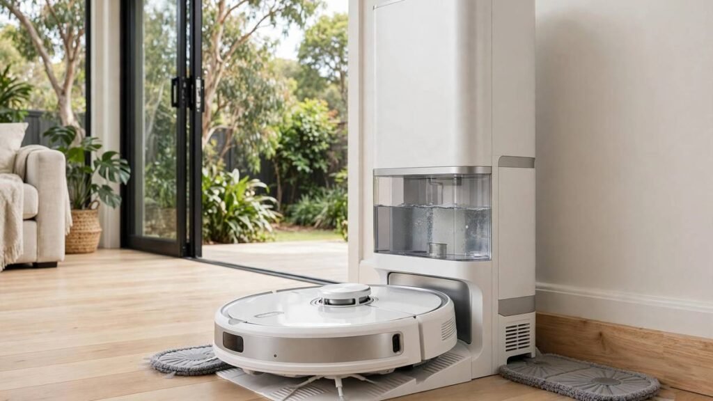 White Dreame X50 Ultra robot vacuum with extended mop pads docked at its tall self-cleaning base station with water tank in a bright Australian living room
