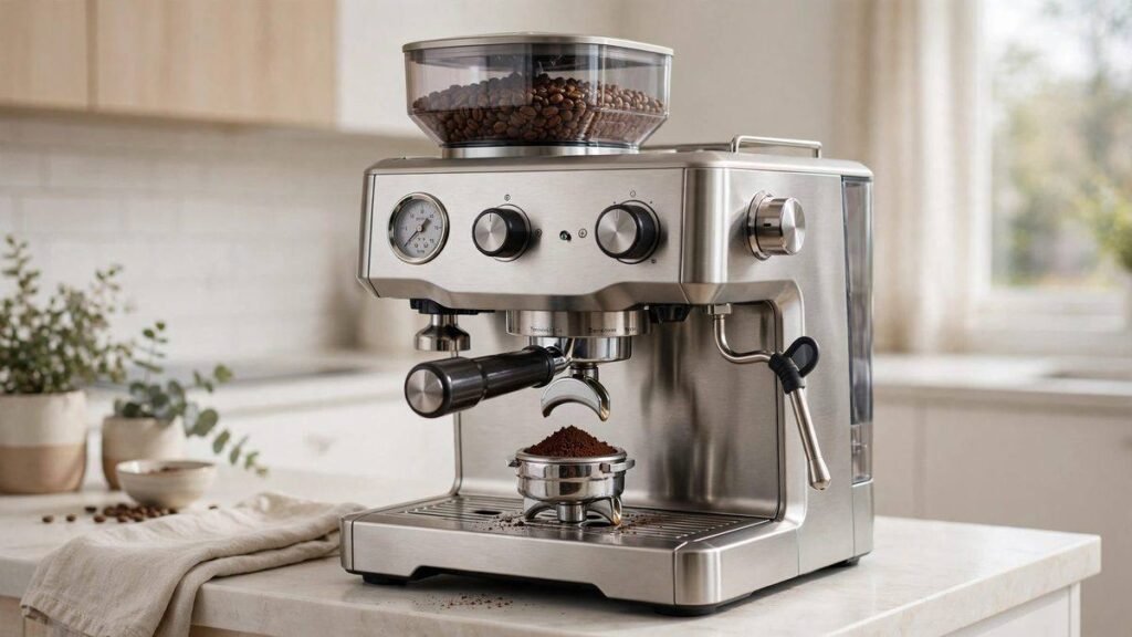 Breville Barista Express Impress Australia: brushed stainless steel espresso machine with bean hopper and portafilter on a kitchen bench