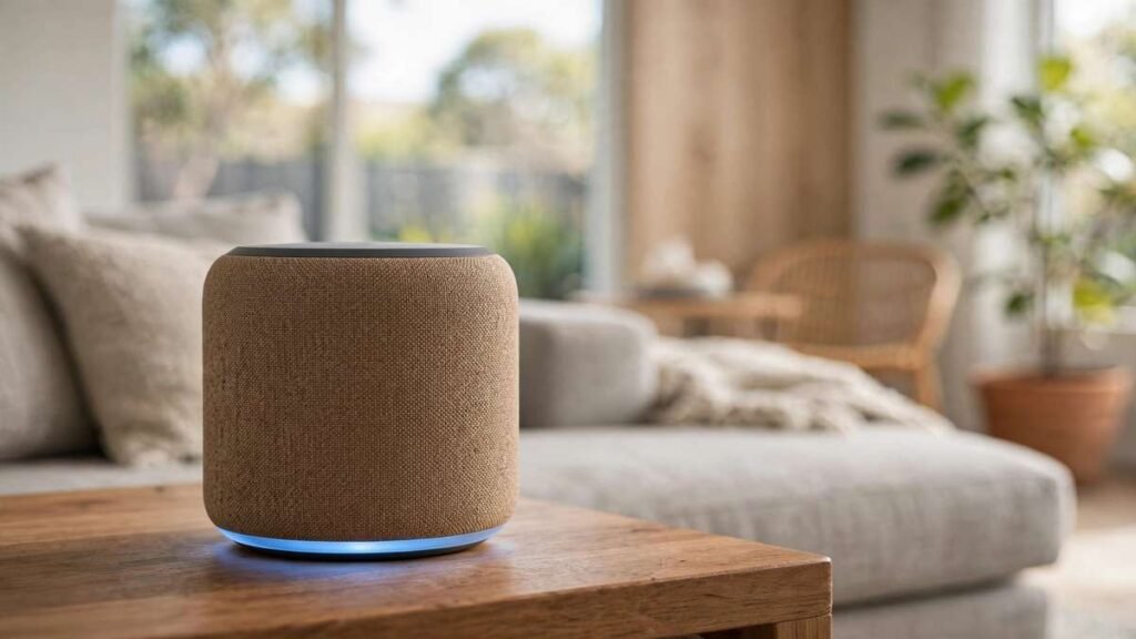Google Home Speaker 2026 in hazel woven fabric with glowing light ring on a wooden side table in a modern Australian living room
