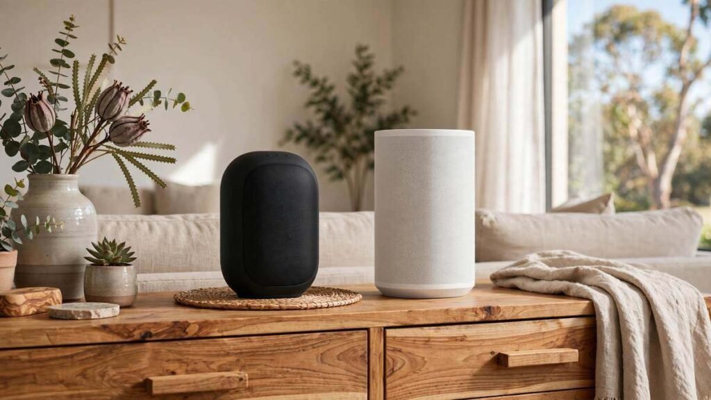 Sonos Play portable speaker in matte black beside a white Sonos Era 100 SL on a timber sideboard in a modern Australian living room