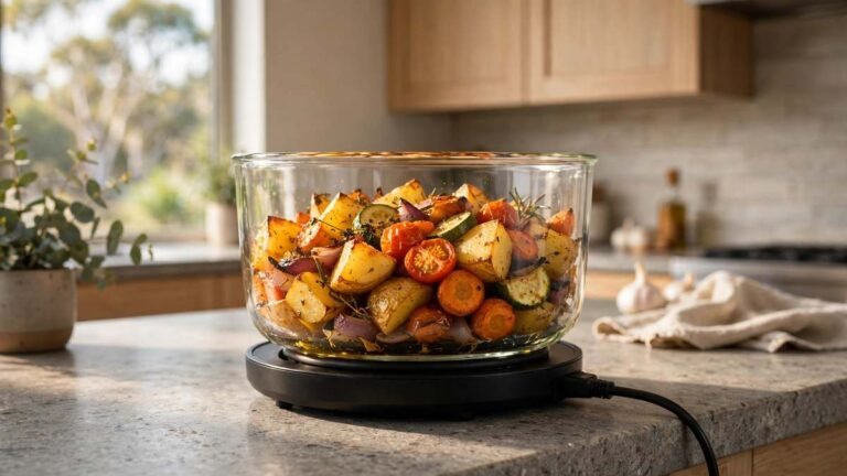 Ninja Crispi Pro Australia: glass air fryer with 5.7L CleanCrisp container of roasted vegetables on a stone benchtop
