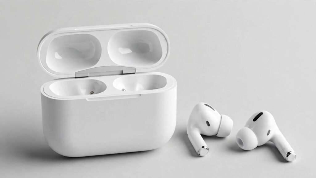 Apple AirPods 5 white wireless earbuds with open charging case on a light background