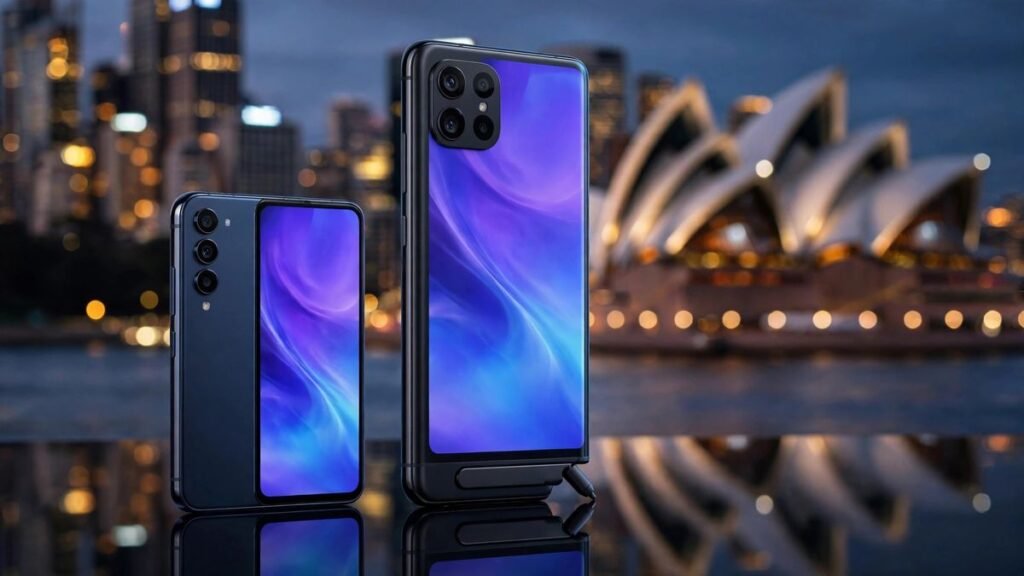 Samsung Galaxy S26 and larger Galaxy S26 Ultra standing side by side with Sydney Harbour at dusk in the background
