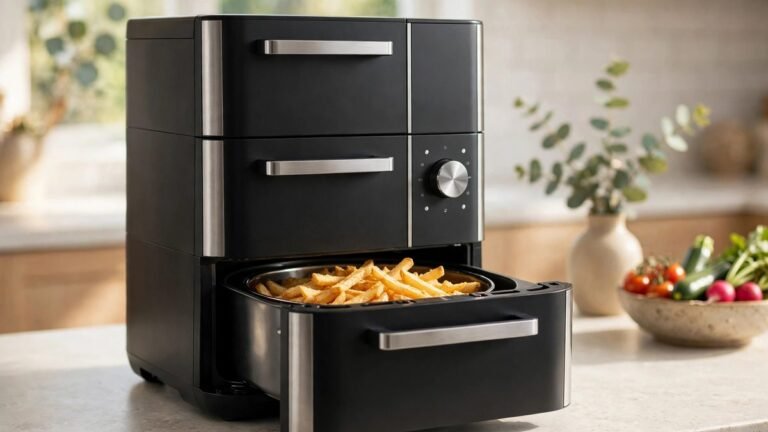Ninja Double Stack air fryer Australia: black XXXL 9.5L stacked 2-drawer model with a drawer open showing crispy fries on a kitchen benchtop