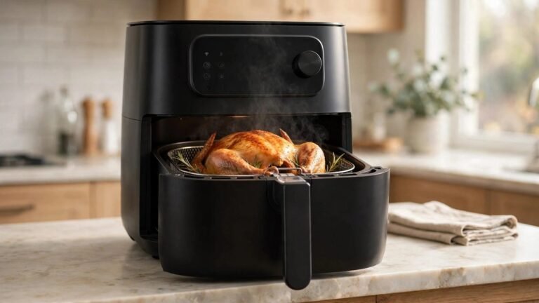 Philips 7000 Series Airfryer Combi XXXL in black on an Australian kitchen benchtop, basket open showing a golden roast chicken
