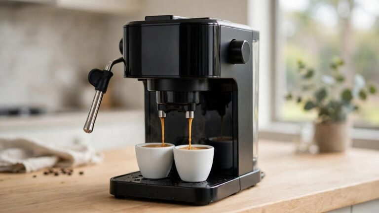 De'Longhi Stilosa EC230 black manual espresso machine pulling a shot into two cups on an Australian kitchen bench