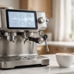 Breville the Oracle Jet espresso machine in brushed stainless steel with its touchscreen lit up, on an Australian kitchen bench beside a flat white