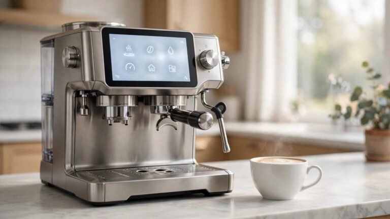 Breville the Oracle Jet espresso machine in brushed stainless steel with its touchscreen lit up, on an Australian kitchen bench beside a flat white