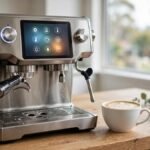 Breville Barista Touch Impress espresso machine in brushed stainless steel with its colour touchscreen lit up, on an Australian kitchen bench beside a flat white