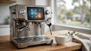 Breville Barista Touch Impress espresso machine in brushed stainless steel with its colour touchscreen lit up, on an Australian kitchen bench beside a flat white