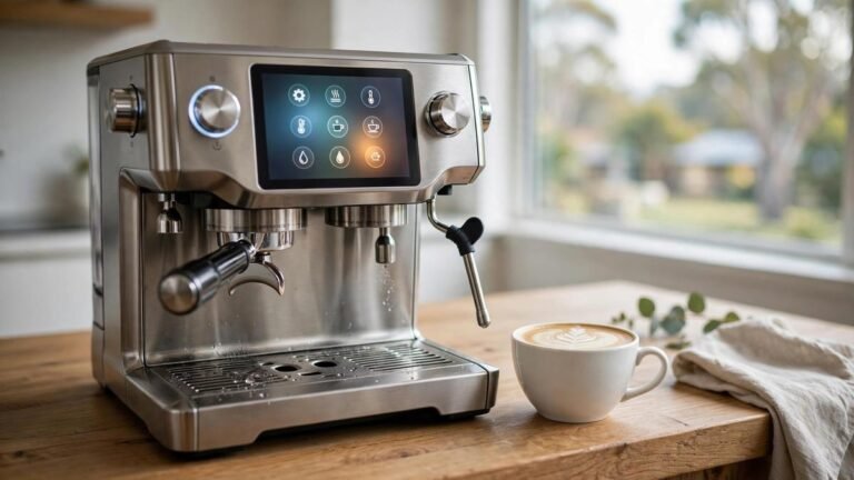 Breville Barista Touch Impress espresso machine in brushed stainless steel with its colour touchscreen lit up, on an Australian kitchen bench beside a flat white