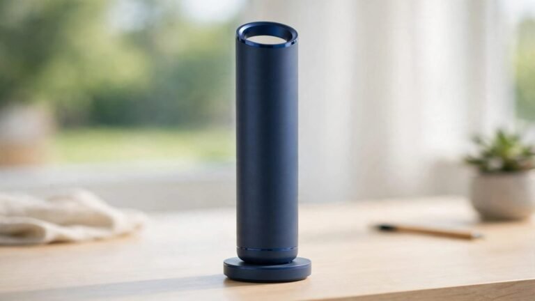 Dyson HushJet Mini Cool bladeless personal fan in dark blue standing on its charging dock on a bright desk