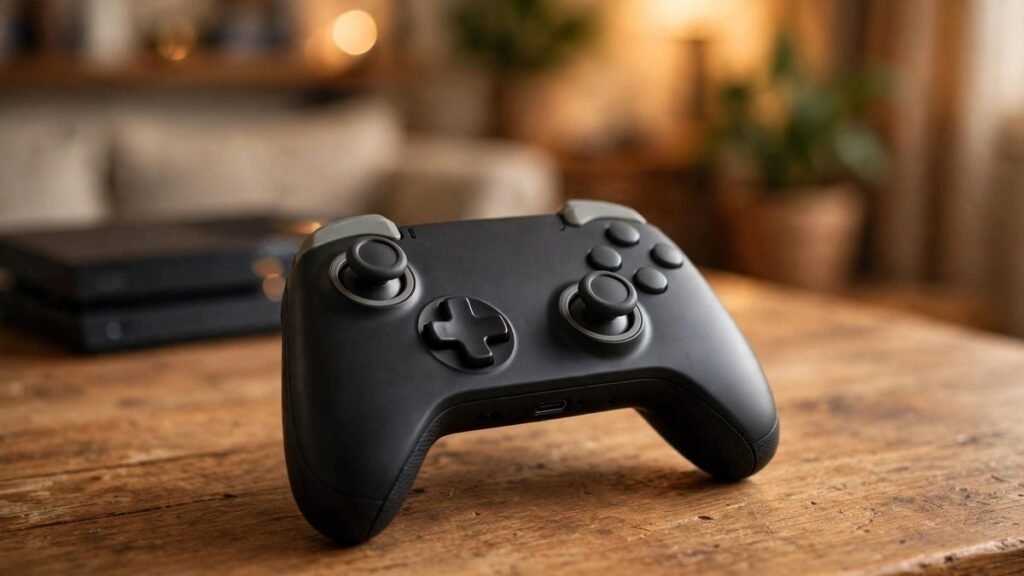 Nintendo Switch 2 Pro Controller in black with grey accents resting on a wooden desk beside a docked game console