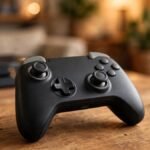 Nintendo Switch 2 Pro Controller in black with grey accents resting on a wooden desk beside a docked game console