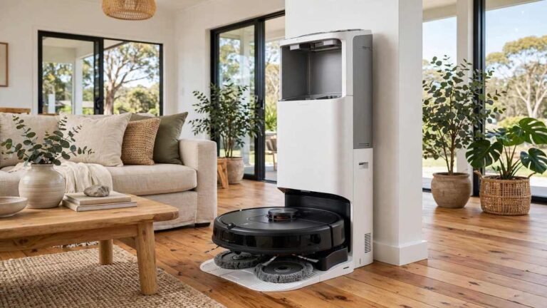 Roomba Plus 405 Australia: iRobot robot vacuum with spinning mop pads docked at AutoWash station in a living room