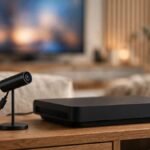 Small black cylindrical USB webcam camera on a stand beside a game console on a wooden TV unit