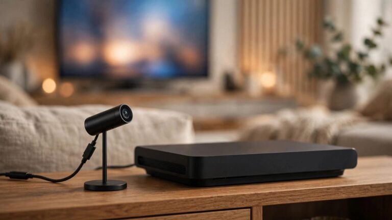 Small black cylindrical USB webcam camera on a stand beside a game console on a wooden TV unit