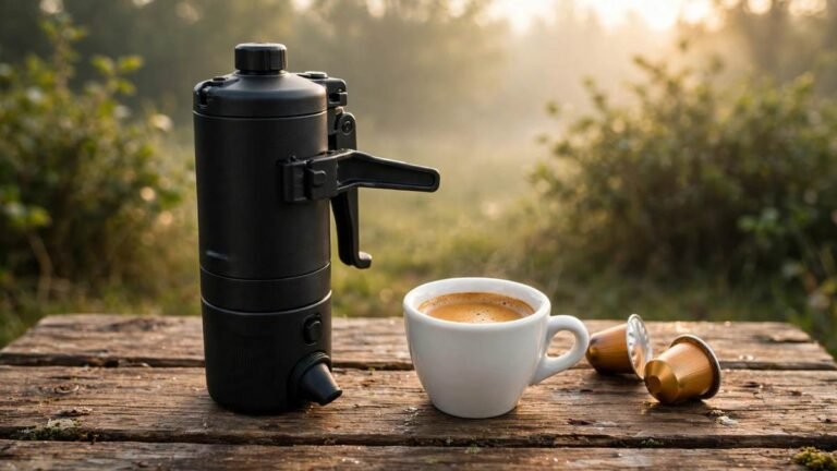 Matte-black Wacaco Minipresso NS2 portable espresso maker with espresso cup with crema and coffee capsules on a camping table at sunrise