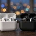 White and black Samsung-style wireless earbuds in open charging cases with metallic stems on a wooden desk with city lights in the background