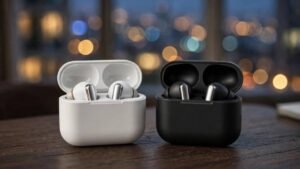 White and black Samsung-style wireless earbuds in open charging cases with metallic stems on a wooden desk with city lights in the background