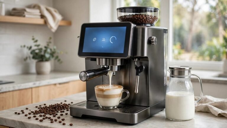 Black De'Longhi PrimaDonna Aromatic bean-to-cup espresso machine with touchscreen pouring a flat white on a modern kitchen bench with coffee beans and a milk carafe