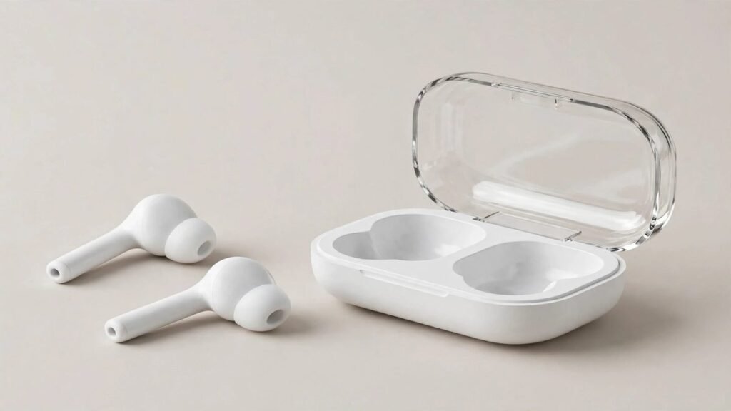 White Samsung Galaxy Buds 4 Pro wireless earbuds with stem design beside an open clamshell charging case with transparent lid on a light background