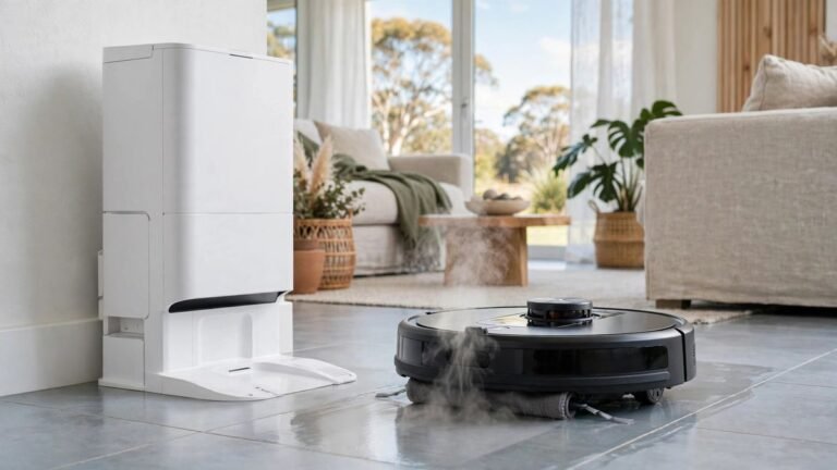 Black Dreame Aqua20 Ultra Roller robot vacuum with steam mop roller cleaning a tiled floor beside its tall white dock in a modern Australian living room