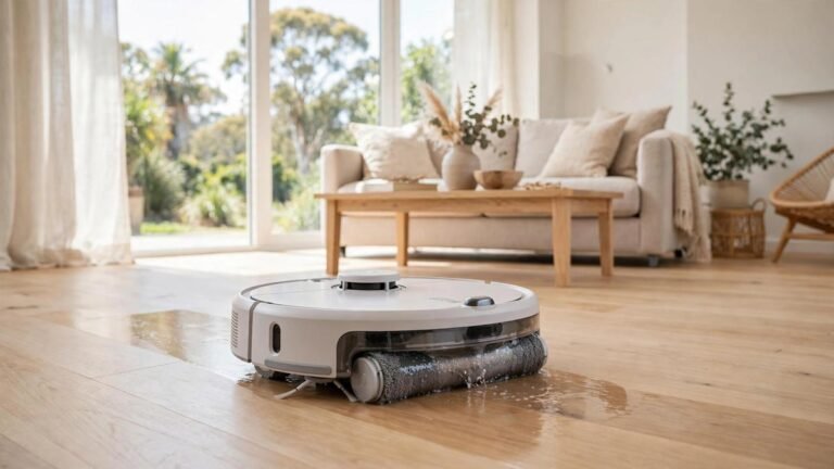 Dyson Spot+Scrub Ai robot vacuum and mop cleaning a hard floor in a modern Australian living room