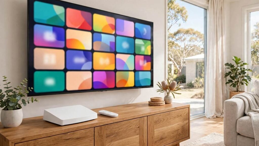 White Google TV Streamer 4K set-top box with voice remote on a wooden TV cabinet in front of a large flat-screen TV in a modern Australian living room