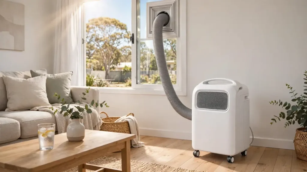 White portable air conditioner with exhaust hose vented through a window in a bright Australian living room on a hot summer day