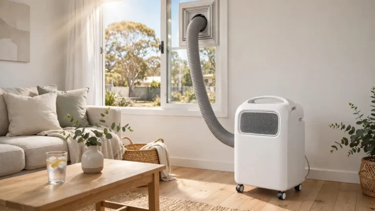 White portable air conditioner with exhaust hose vented through a window in a bright Australian living room on a hot summer day